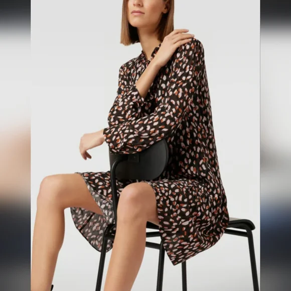 NEW Marc Cain brown spotted chiffon crepe knee length dress 12